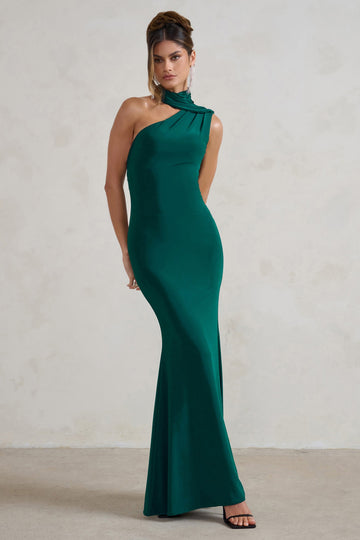 Capucine Bottle Green One Shoulder Draped Maxi Dress